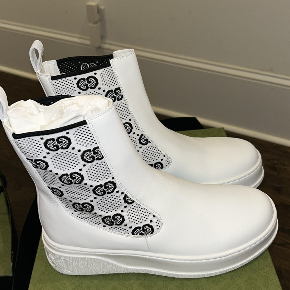 COPY - GUCCI 
Dali Soft Calfskin Technical Jersey Knit GG Monogram Ankle Boots - Picture 2 of 6